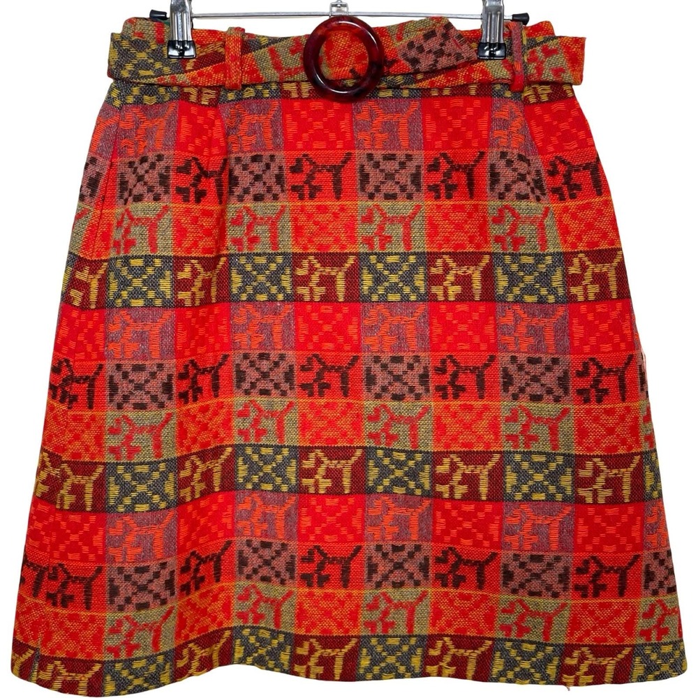 Vintage Peck&Peck Plaid Tapestry Skirt Women S Red Orange Belted Geometric 60s